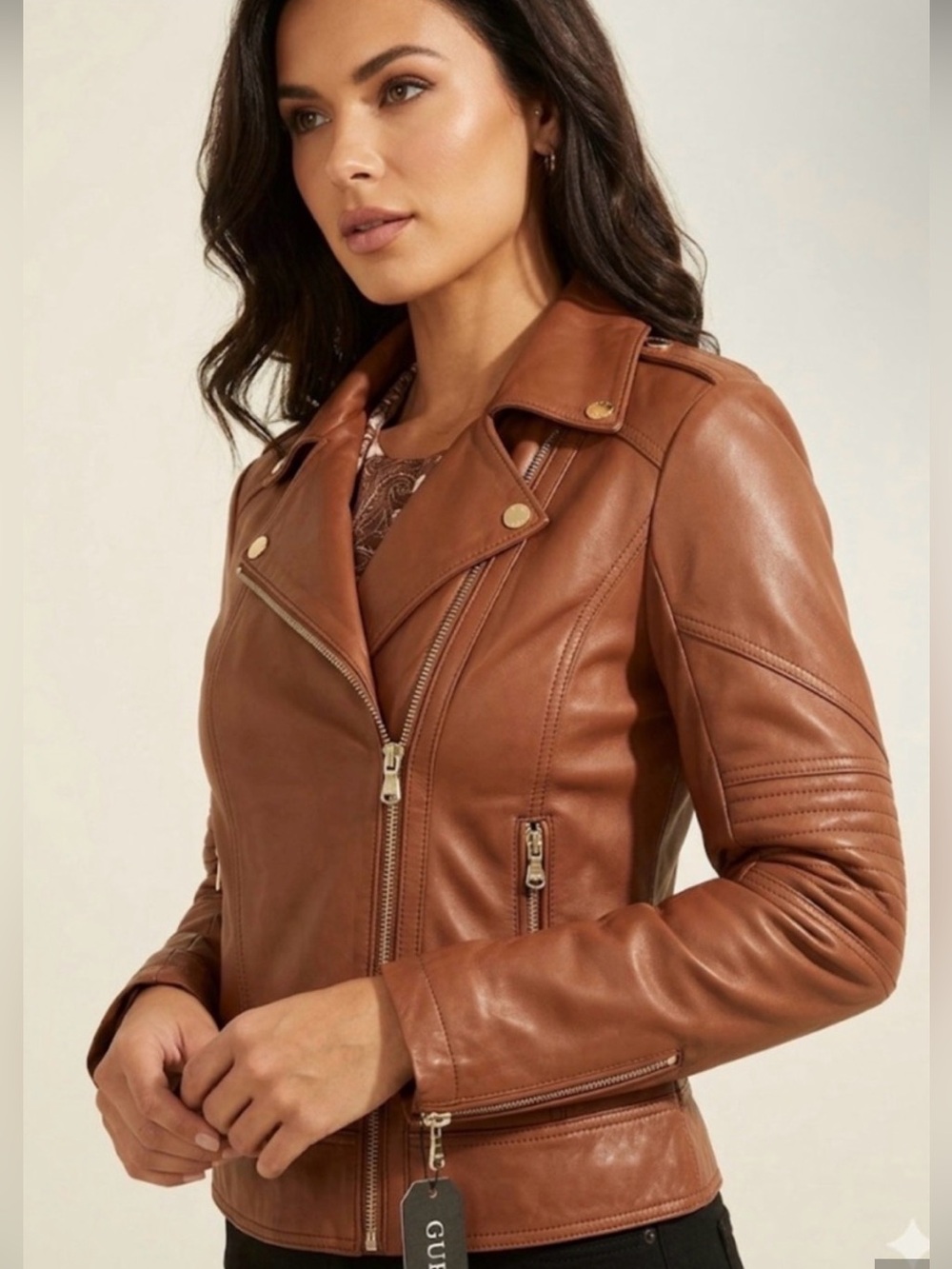 Guess Women’s Tan Faux Leather Moto Jacket